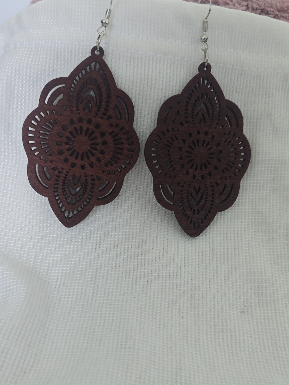 Intricate Laser-Cut Wood Drop Earrings - Deep Brown